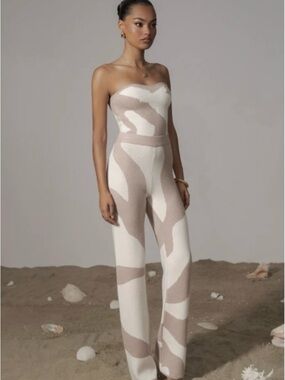 JLUXLABEL Strapless Two-Tone Knit Jumpsuit in Cream and Tan